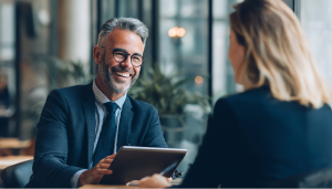 Man meeting woman for client meeting
