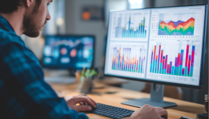 Man looking at data charts on computer